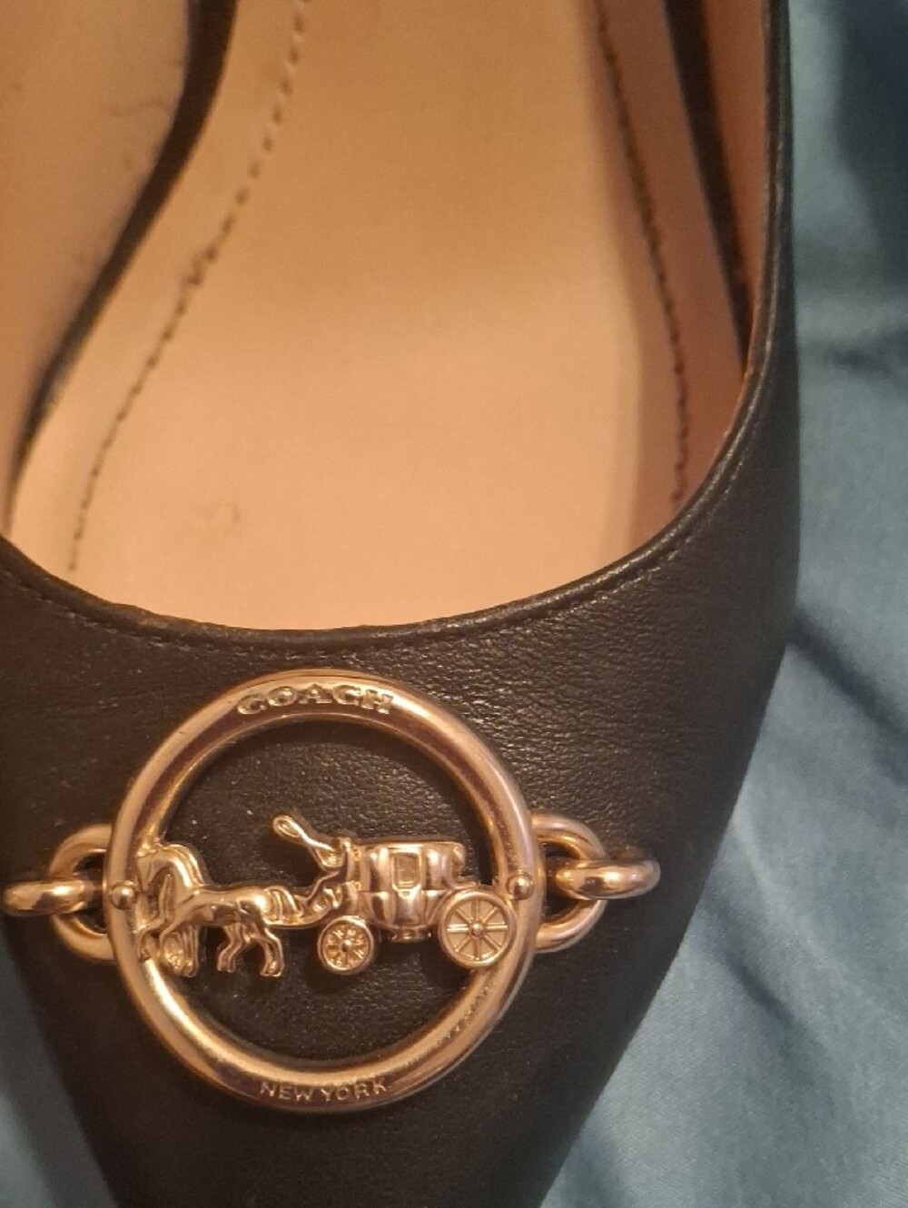 Coach Black Pointed Toe Leather Heels with Gold Horse & Carriage Hardware - Picture 2 of 9